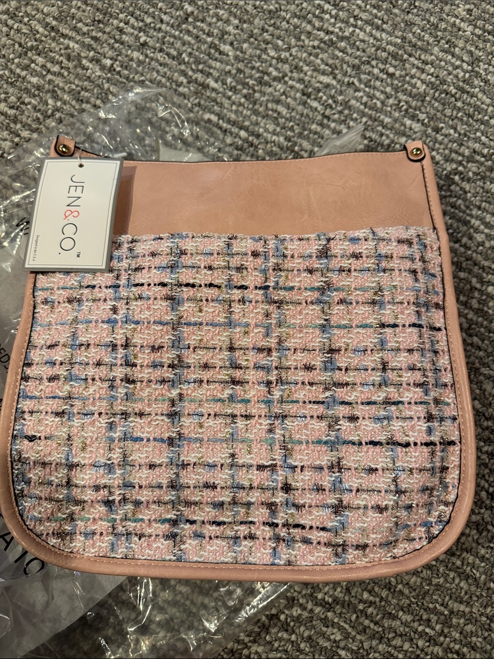 JEN & CO. Pink Tweed Crossbody with Faux Leather Trim
